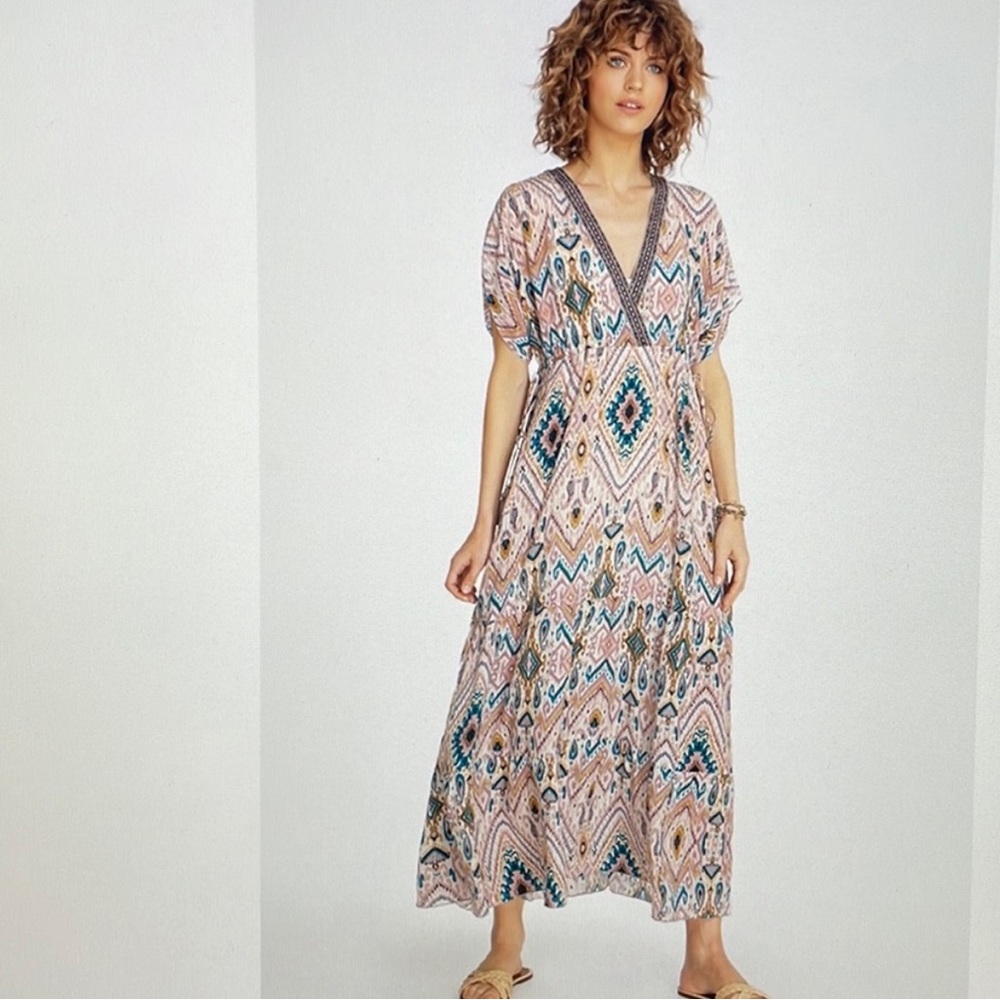 Johnny Was Pink Geometric Maxi Dress with Teal and Gold Accents